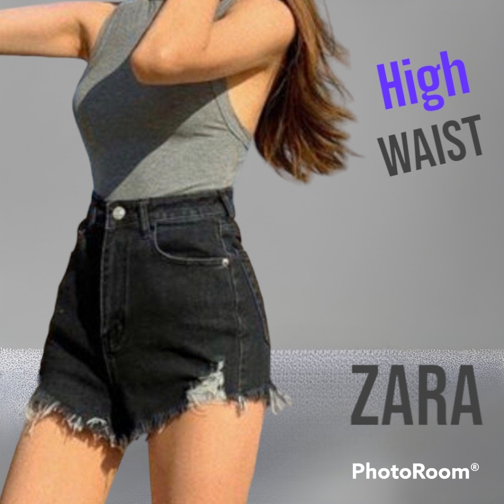 Zara Shorts | High Rise Cutoff Black Distressed Denim Size 24| 90s Casual